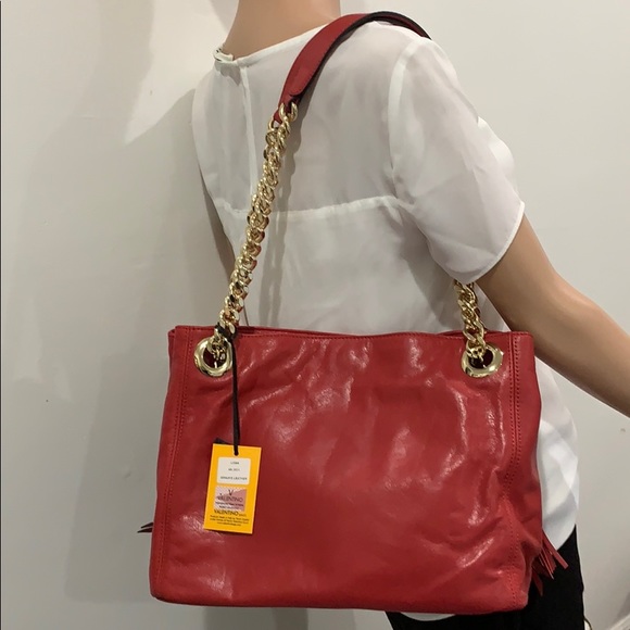 Valentino Louisa Red Lather Handbag w Chain Straps - Picture 3 of 5